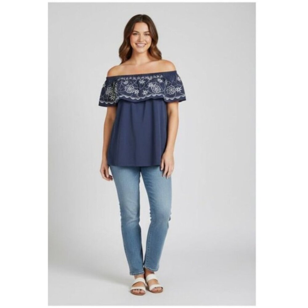PANHANDLE Embroidered Ruffle Collar Off/On Shoulder Blouse Navy/White Women L